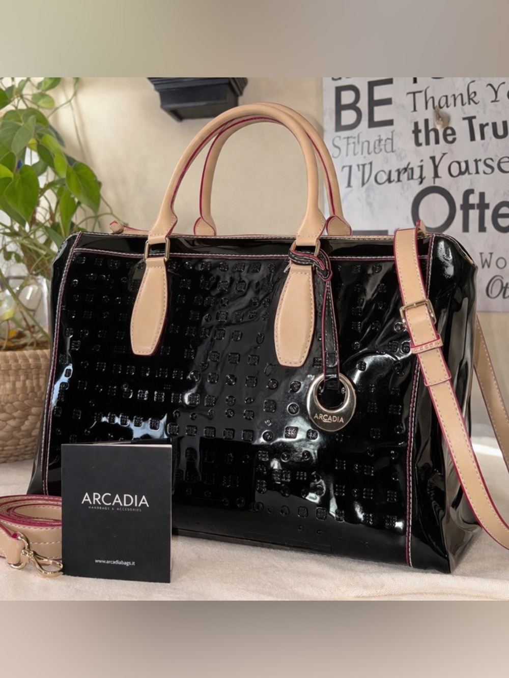 Arcadia Patent Leather Structured Satchel Tote Black Tan w/ Crossbody Strap Luxe